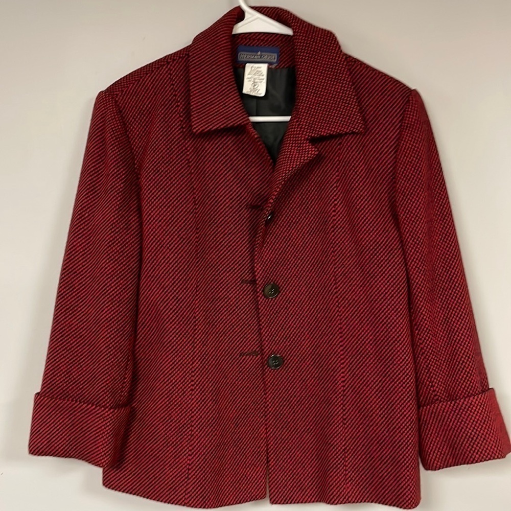 Herman Geist Deep Red & Black  Wool Blend Blazer SZ6P, Vintage (?)  Excellent